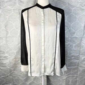 Rock & Republic Contrast Blouse – Sheer Sleeve Studded Tuxedo Shirt, Size M